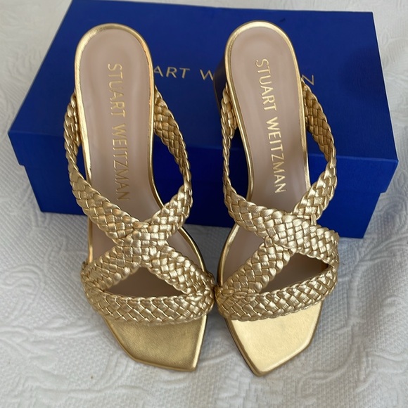 NWT Stuart Weitzman Gold Rosie Woven Block Heel Side Sandals size 8 - Picture 4 of 16